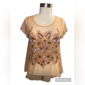 Kimchi Blue Urban Outfitters Orange/Peachy Sheer Mesh Beaded Top M - NWT $79